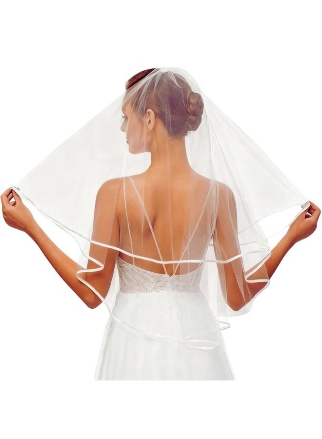 Nanchor Bridal Veil Women's Simple Tulle Short Wedding Veil Ribbon Edge with Comb for Wedding Bachelorette Party (White) - Image 4